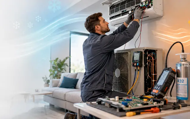 Technicien qui répare une clim réversible