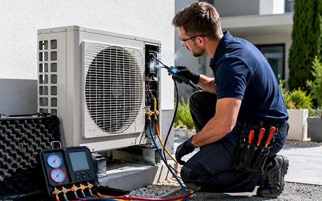 technicien qui répare l unité exterieur d'une pompe à chaleur
