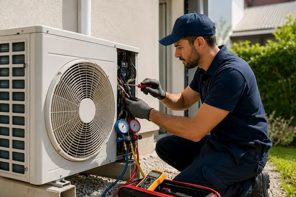 Un technicien qui recharge une clim