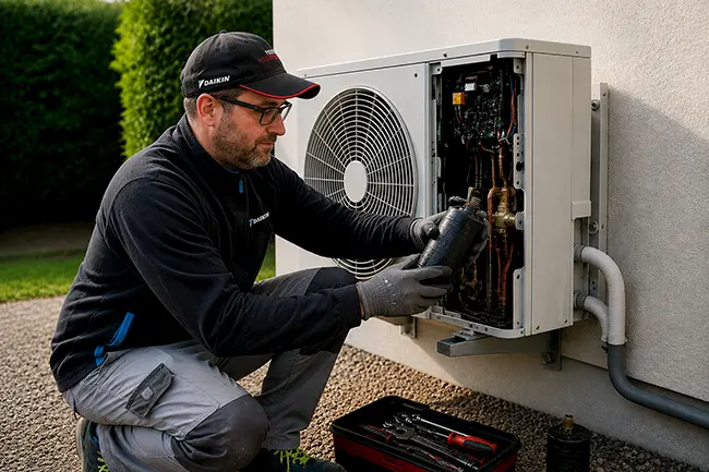 Technicien qui change une pièce sur une clim
